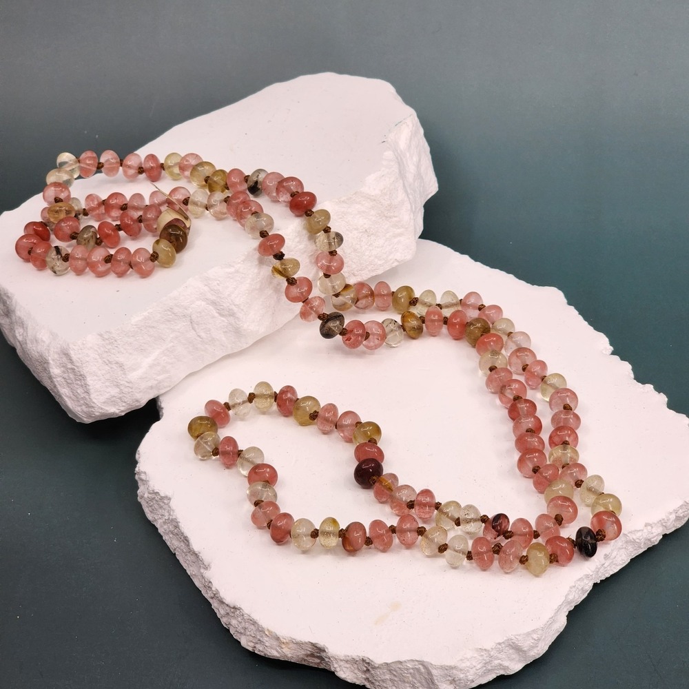 Watermelon Quartz Bead Necklace Pink Clear Knotted Long Strand Boho Gemstone